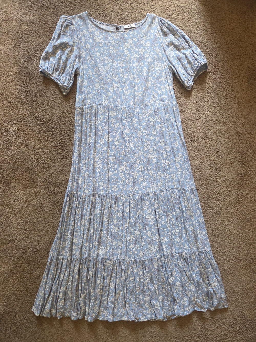Light Blue Floral Midi Dress - Puff Sleeve